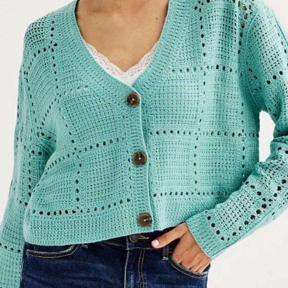 Juniors' SO® Button Front CrochetCropped  Cardigan Island Teal - Medium - Picture 1 of 9